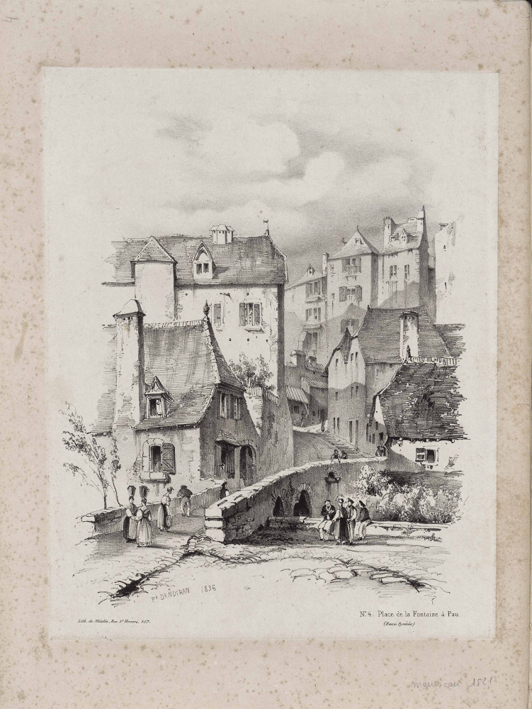  - Place de la Fontaine à Pau ; Dandiran (dessinateur) ; Mialhe (lithographe) ; lithographie noir et blanc ; 1836 ; Bibliothèque Patrimoniale Pau, cote M1521 - 