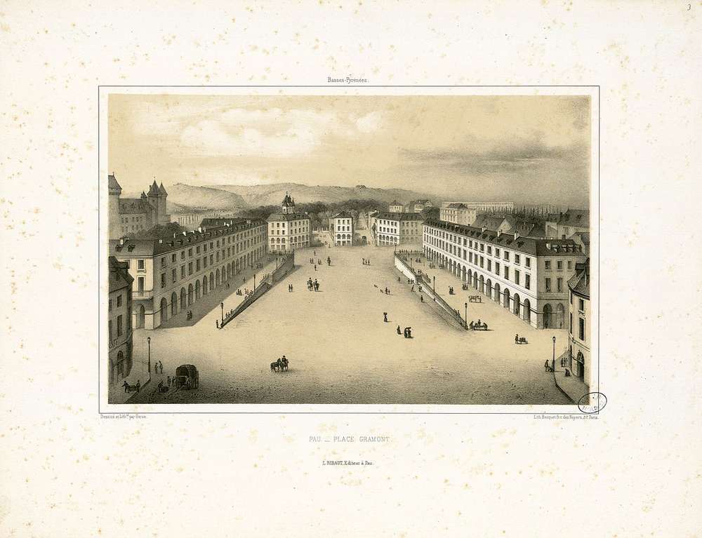  - Pau : Place Gramont ; Gorse (dessinateur et lithographe) lithographie ; Bibliothèque Patrimoniale Pau, cote 37320R - 