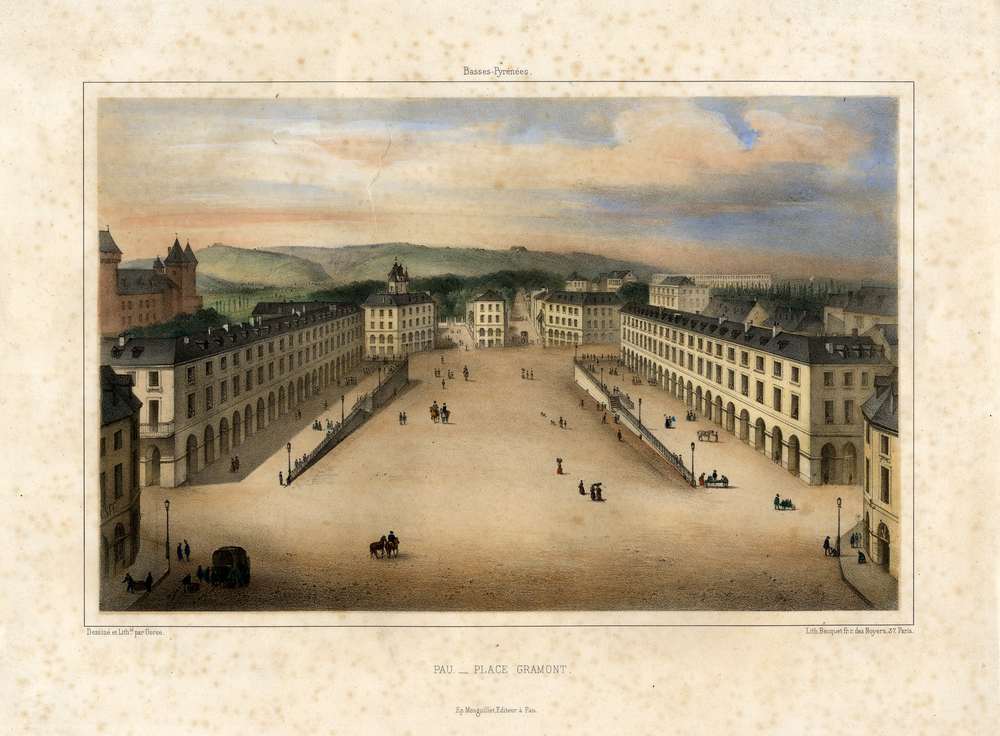  - Pau : Place Gramont ; Gorse (dessinateur et lithographe) ; lithographie en couleurs ; Bibliothèque Patrimoniale Pau, cote 240280 - 