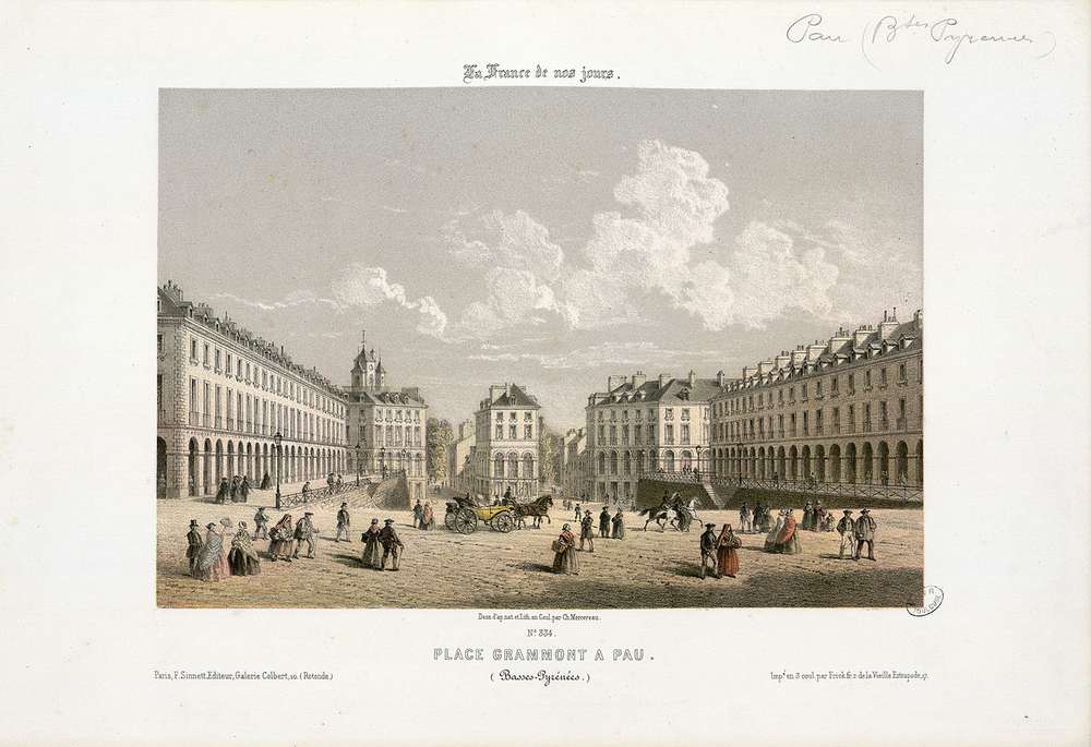  - Place Gramont à Pau (Basses-Pyrénées) ; Mercereau, Charles (dessinateur et lithographe) ; lithographie en couleurs ; Bibliothèque Patrimoniale Pau, cote Ee3208 - 